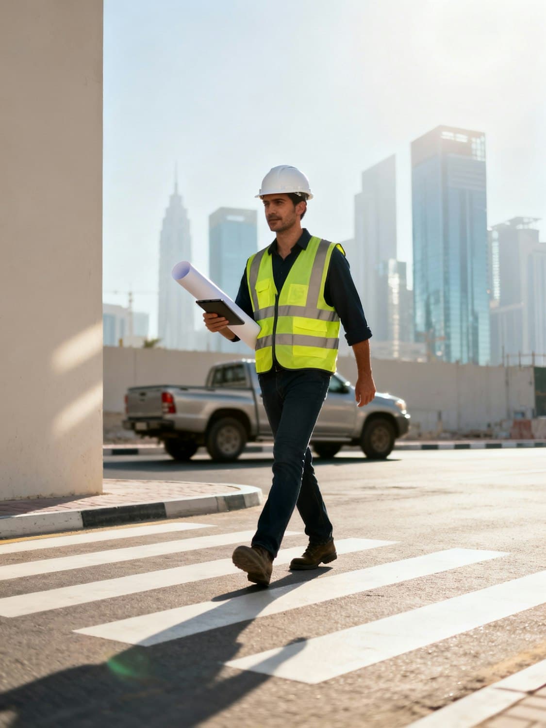 Construction professional reviewing project plans
